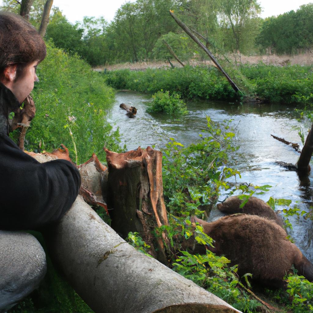 Person observing beavers in nature