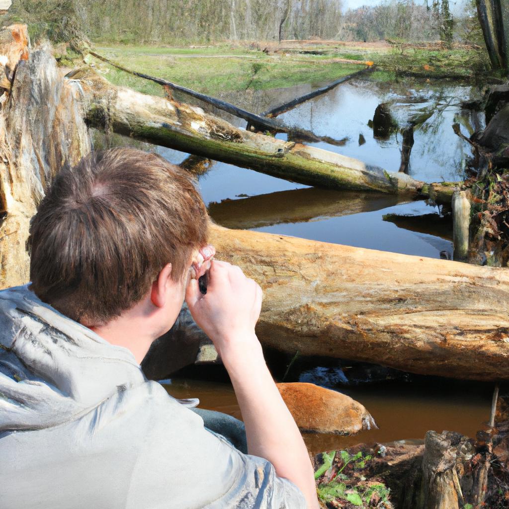 Person observing beavers in habitat